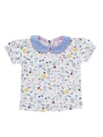 Tricou cu guleraș și floricele multicolore,  din bumbac organic