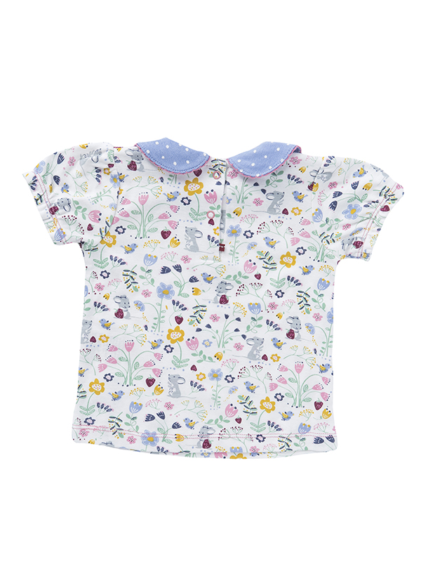 Tricou cu guleraș și floricele multicolore,  din bumbac organic